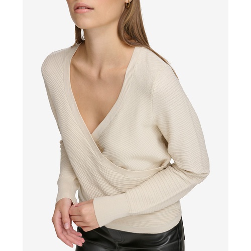 DKNY Womens Ribbed Long-Sleeve Wrap Sweater