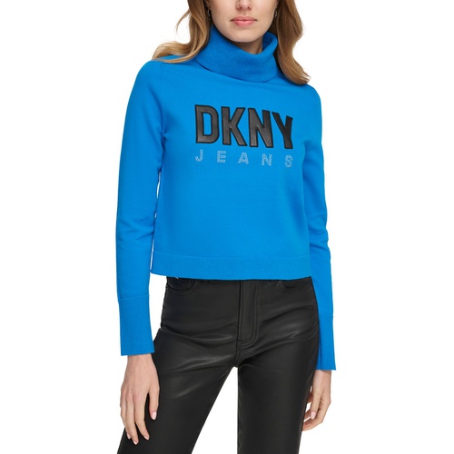 DKNY Womens Faux-Leather-Logo Turtleneck Sweater