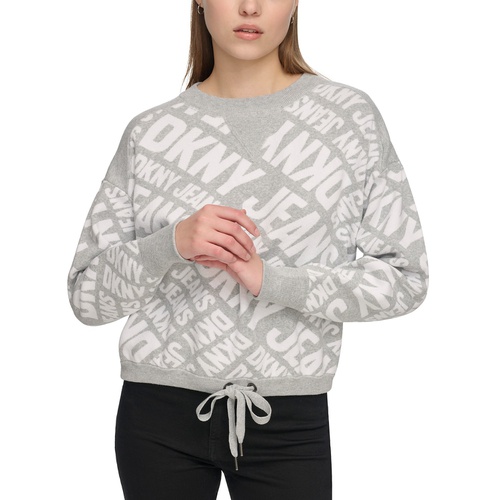 DKNY Womens Crewneck Drawstring-Hem Logo Sweater