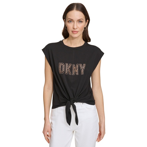 DKNY Womens Grommet-Logo Sleeveless Tie-Hem Top