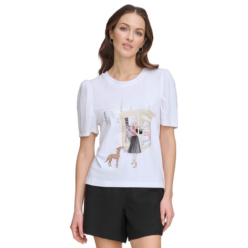 DKNY Womens Graphic-Print Puff-Sleeve T-Shirt