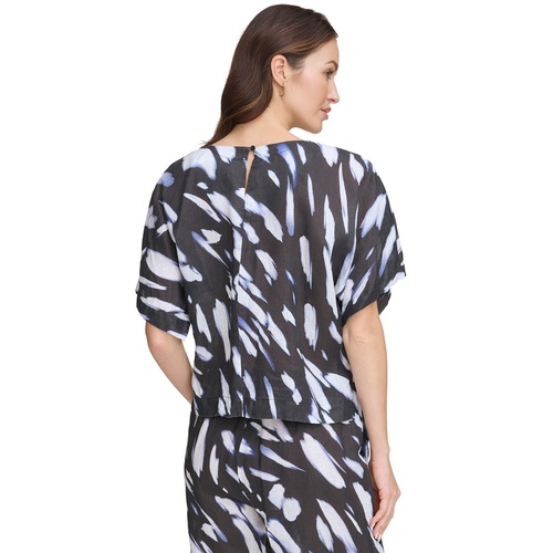 DKNY Womens Printed Linen Drop-Shoulder Short-Sleeve Crop Top