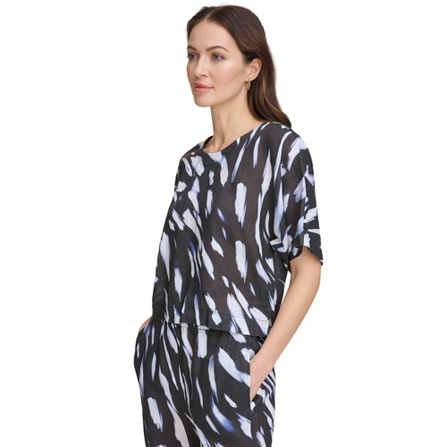 DKNY Womens Printed Linen Drop-Shoulder Short-Sleeve Crop Top