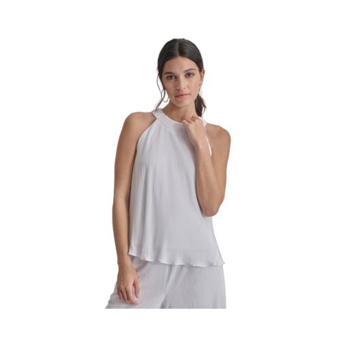 DKNY Womens High-Neck Sleeveless Plisse Top