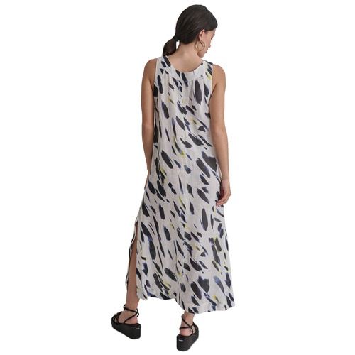 DKNY Womens Printed Linen V-Neck Sleeveless Maxi Dress