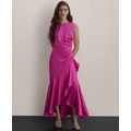 Womens Satin Ruched Ruffled Gown