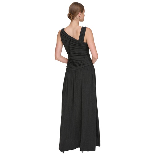 DKNY Womens Metallic-Knit Asymmetric-Neck Gown