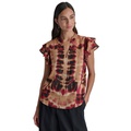 Womens Printed Double-Ruffle-Sleeve Split-Neck Chiffon Blouse