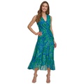 Womens Printed V-Neck Twist-Front A-Line Dress