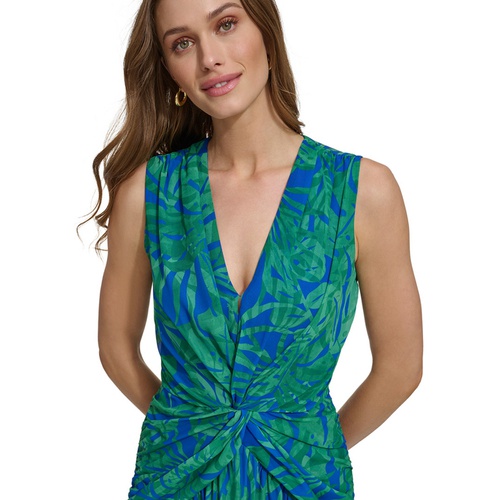 DKNY Womens Printed V-Neck Twist-Front A-Line Dress