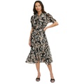 Womens Printed Puff-Sleeve Button-Front Dress