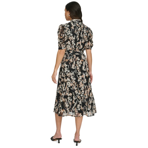 DKNY Womens Printed Puff-Sleeve Button-Front Dress