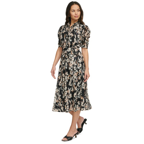 DKNY Womens Printed Puff-Sleeve Button-Front Dress