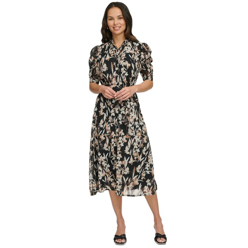 DKNY Womens Printed Puff-Sleeve Button-Front Dress