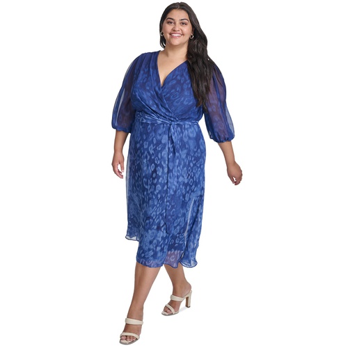 DKNY Plus Size Printed Tie-Waist Balloon-Sleeve Dress