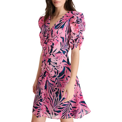 DKNY Petite Short-Sleeve Ruched V-Neck Chiffon Dress