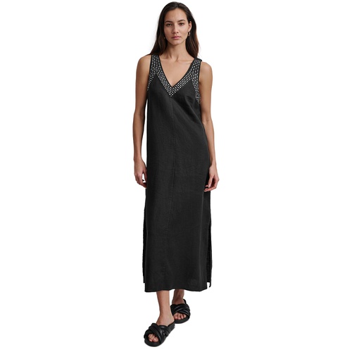DKNY Womens Linen Studded V-Neck Sleeveless Maxi Dress