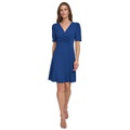 Womens Draped-Front Puff-Shoulder A-Line Dress