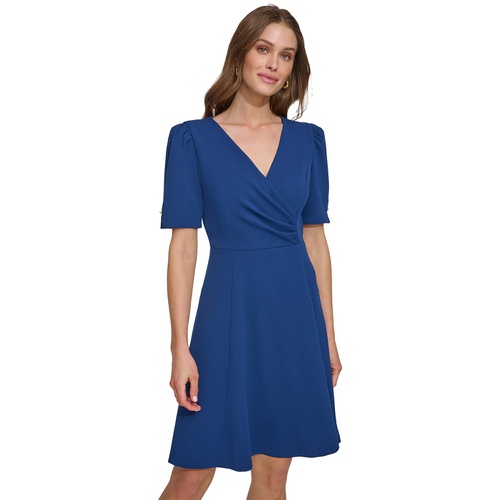 DKNY Womens Draped-Front Puff-Shoulder A-Line Dress