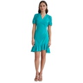 Womens Ruched-Sleeve A-Line Ruffle-Trim Dress