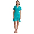 Womens Ruched-Sleeve A-Line Ruffle-Trim Dress