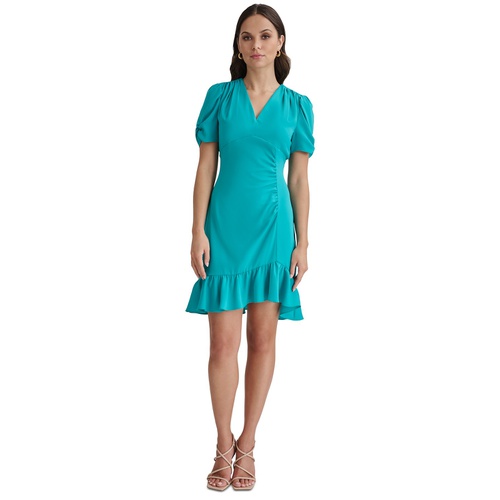 DKNY Womens Ruched-Sleeve A-Line Ruffle-Trim Dress