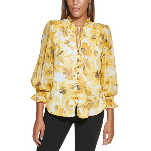 DKNY Petite Floral-Print Tie-Neck Textured Blouse