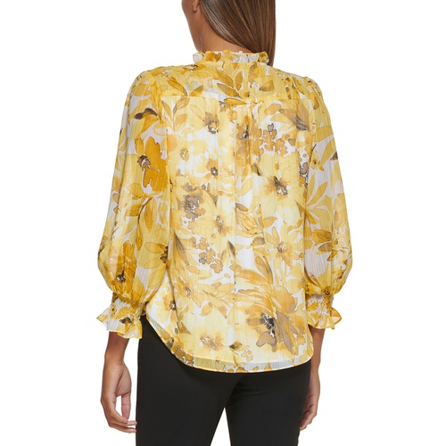 DKNY Petite Floral-Print Tie-Neck Textured Blouse