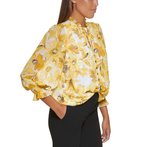 DKNY Petite Floral-Print Tie-Neck Textured Blouse