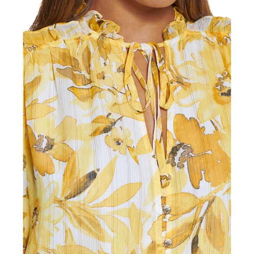 DKNY Petite Floral-Print Tie-Neck Textured Blouse