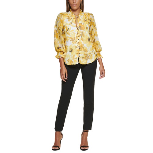 DKNY Petite Floral-Print Tie-Neck Textured Blouse