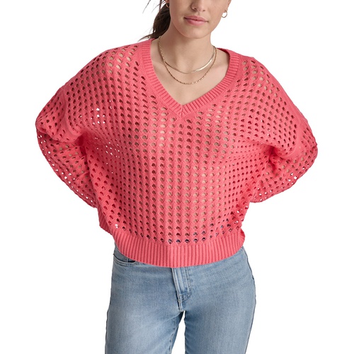 DKNY Womens V-Neck Open-Stitch Cotton Sweater