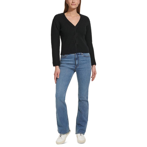 DKNY Womens Cable-Knit Cropped V-Neck Sweater