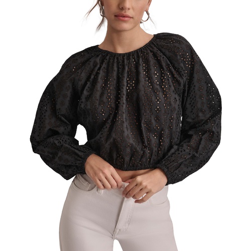 DKNY Womens Cotton Eyelet Cropped Blouse