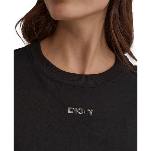 DKNY Womens Cotton Stud Logo Knot-Front T-Shirt