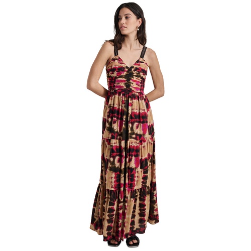 DKNY Womens Cotton Printed Tiered Maxi Dress