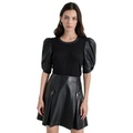 Womens Faux-Leather Puff-Sleeve Blouse