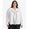 Plus Size Contrast-Trim Long-Sleeve Blouse