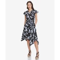 Womens Printed Tie-Waist Asymmetrical-Hem Linen Dress