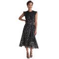 Womens Printed Ruffled Belted Midi Dress