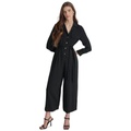 Womens Button-Front Belted Wide-Leg Jumpsuit