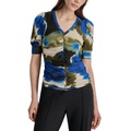 Womens Printed Puff-Sleeve Knit Top