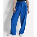 Womens Twill Tie-Front Pleated Wide-Leg Pants