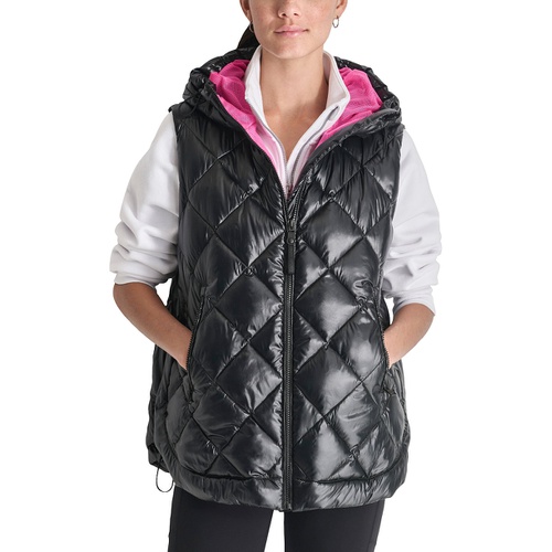 DKNY Womens Quilted Curved Hem Puffer Vest with Pop Mesh Lining