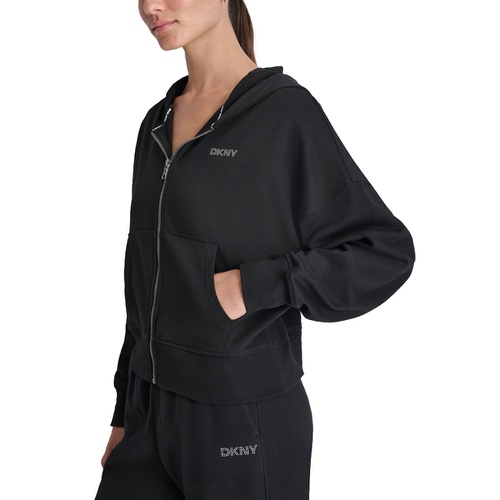 DKNY Sport Womens Rhinestone Logo Full-Zip Hoodie