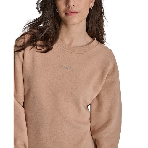 DKNY Womens Mini-Stud-Logo Drop-Shoulder Fleece Crewneck Sweatshirt