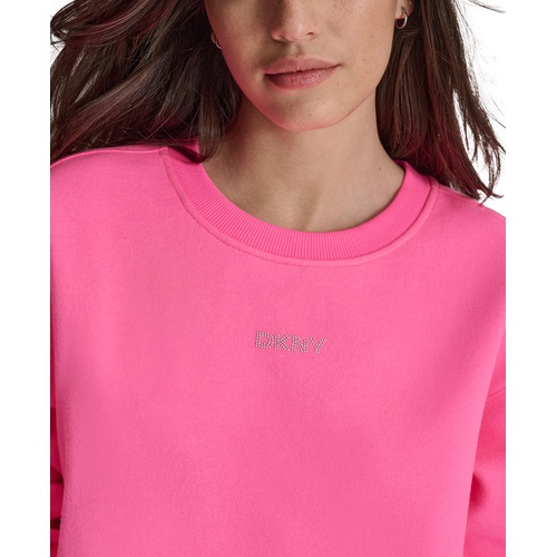 DKNY Womens Mini-Stud-Logo Drop-Shoulder Fleece Crewneck Sweatshirt