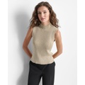 Womens Solid Ribbed Sleeveless Mock-Neck Blouse