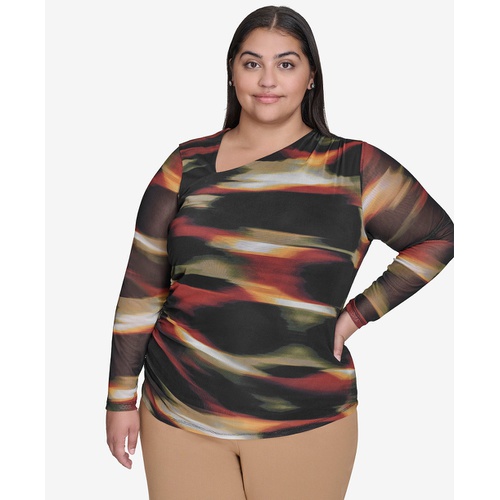 DKNY Plus Size Printed Side-Ruched Asymmetric Top