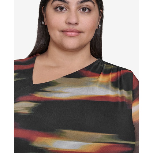 DKNY Plus Size Printed Side-Ruched Asymmetric Top